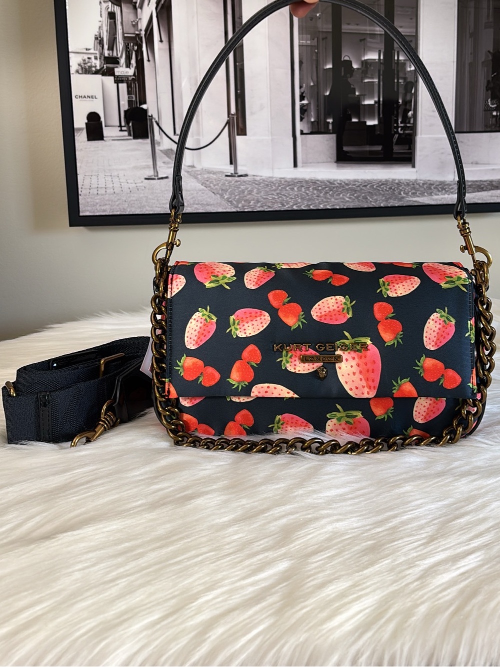 Kurt Geiger Black Strawberry-Print Shoulder Bag with Gold Chain